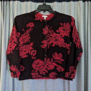 Croft And Barrow Cardigan Women's PM Black Red Floral Whimsygoth Office Siren